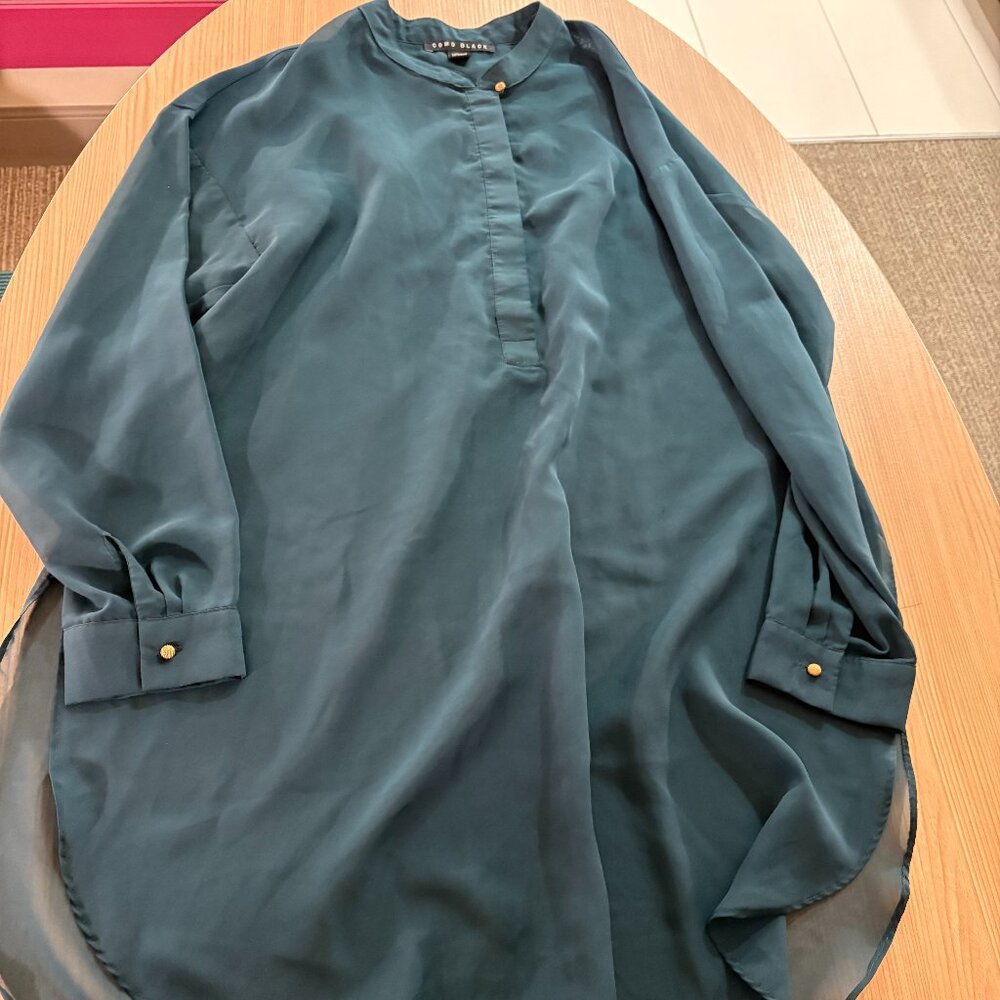 Como Black Sheer Blouse Medium Dark Forest Green Popover High Neck Long Sleeve